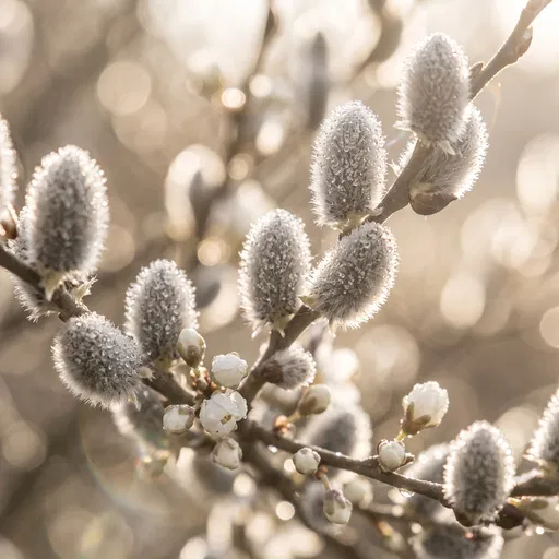 Backlit Pussy Willow Catkins with Dewdrops