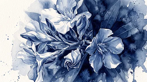 Indigo Watercolor Oleander Flowers Illustration