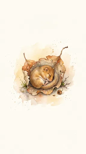 Watercolor Sleeping Dormouse in Autumn Leaf