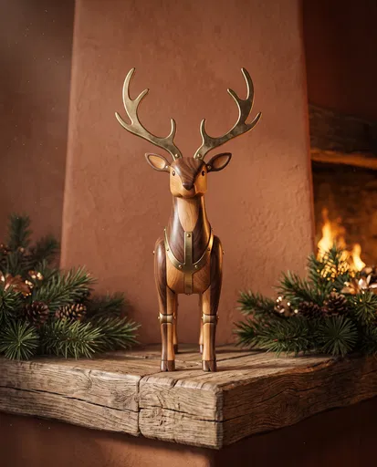 Wooden and Brass Reindeer Figurine on Mantel